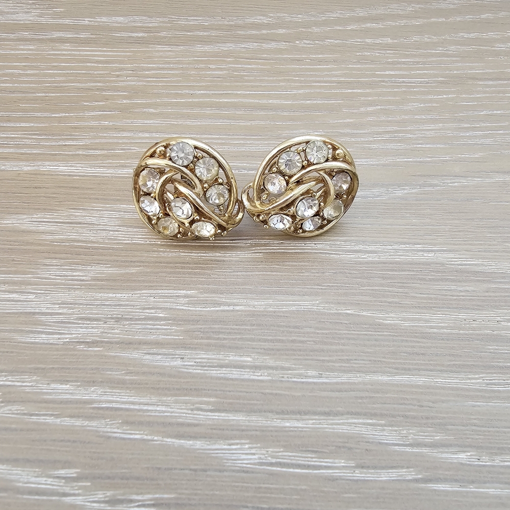 Vintage Coro Gold-Tone Rhinestone Swirl Clip-On Earrings